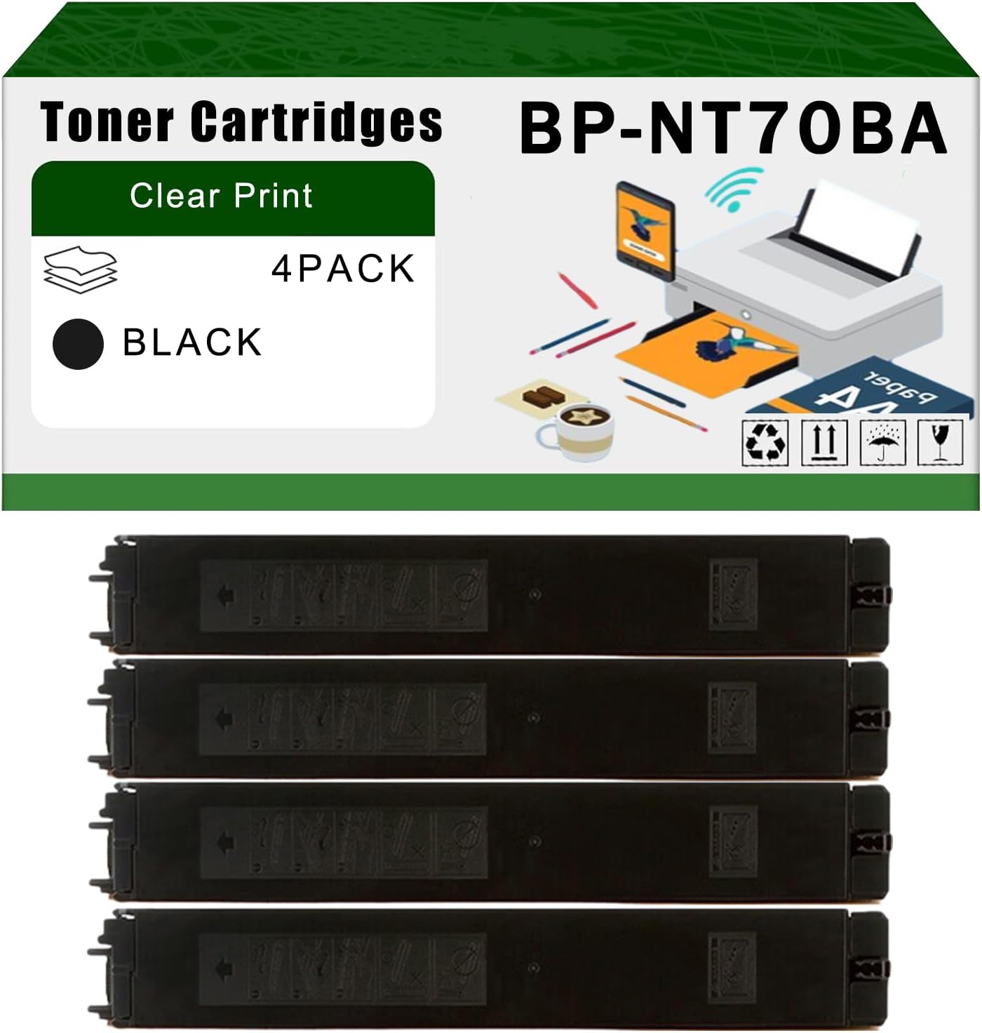 AGNNQ Compatible for Sharp BP-NT70BA Toner Cartridges BP-NT70CA BP-NT70MA BP-NT70YA BP-70C55 BP-70C45 Printers, High Yield 50000 Pages Bright Clear Colors (4 Pack Black)