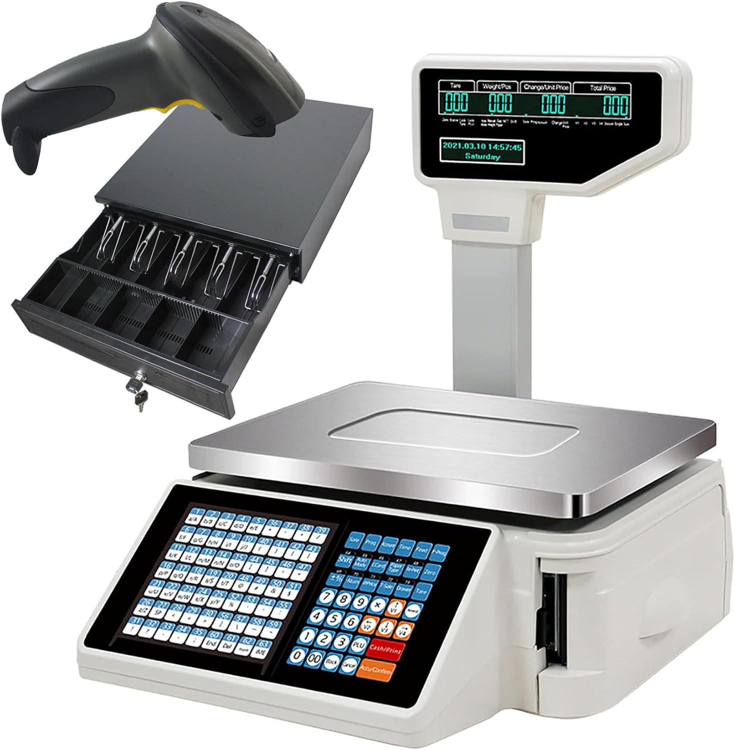 Electronic Weight Calculator Barcode Scales, Digital Price Label Printing Scale, 30kg/66.14 lbs Capacity, for Supermarket/Retail Store/Warehouse Weighing,A+CashBox+SerialScanner