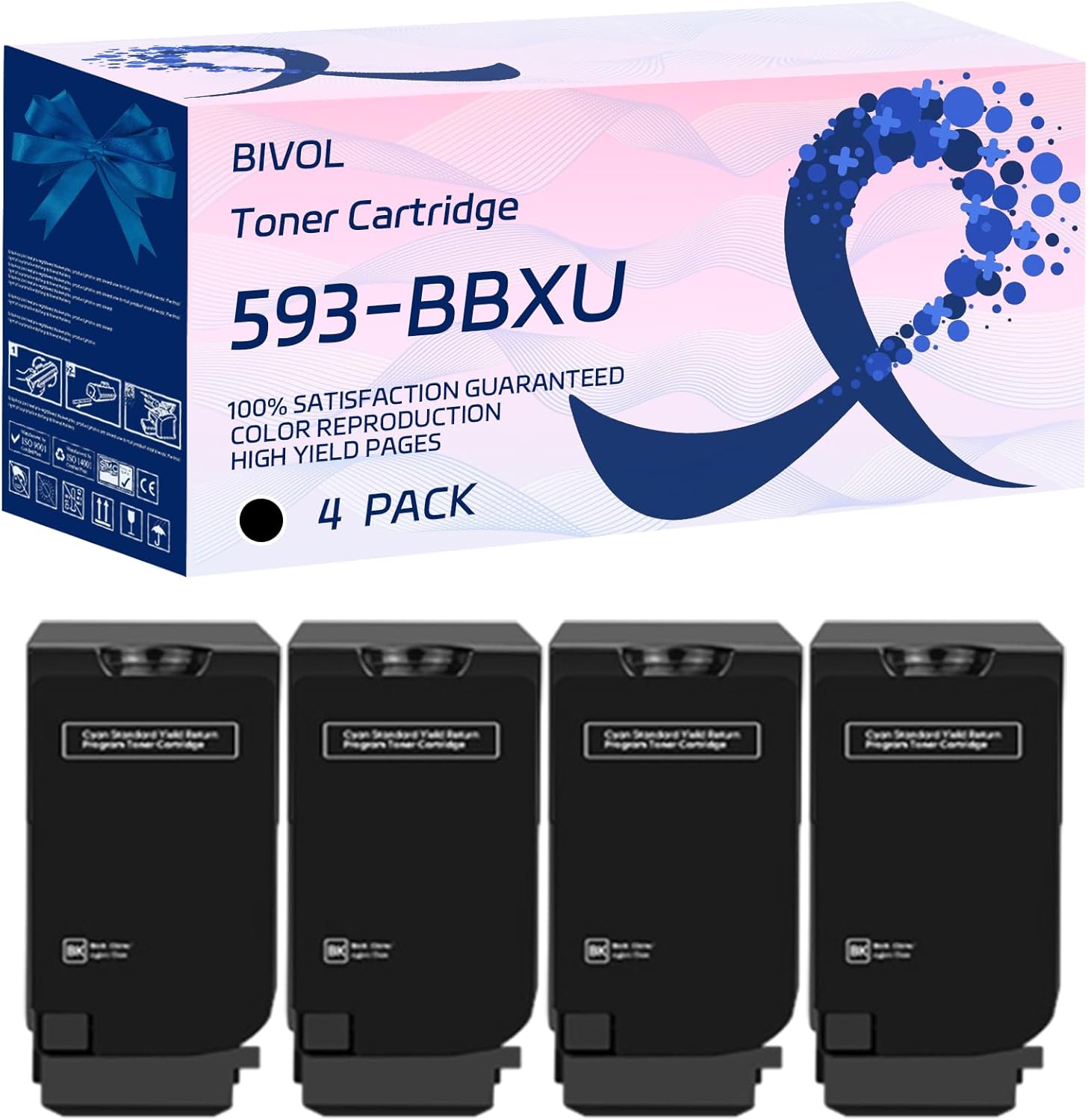 593-BBXU Toner Cartridge Compatible for Dell S5840 Printers, with Chip, High Yield 8000 Pages, Vivid Colors (4 Pack Black)