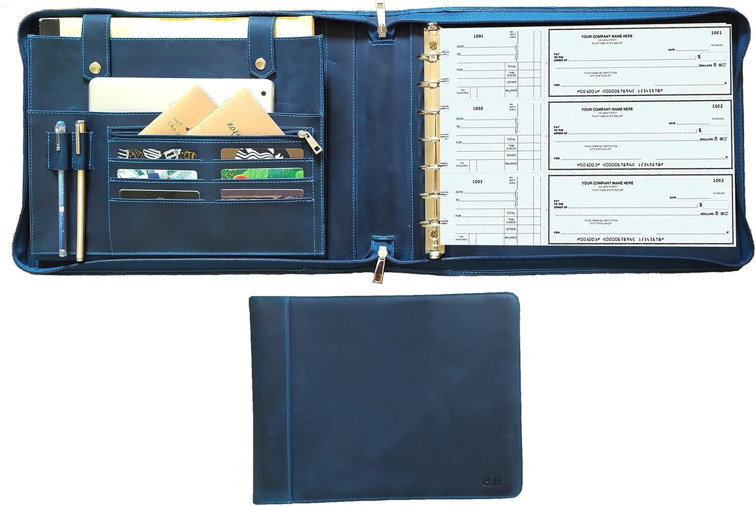 7-Ring Zippered Checkbook Binder for Business Checks - Premium Leather Portfolio Holds 600 Checks (9