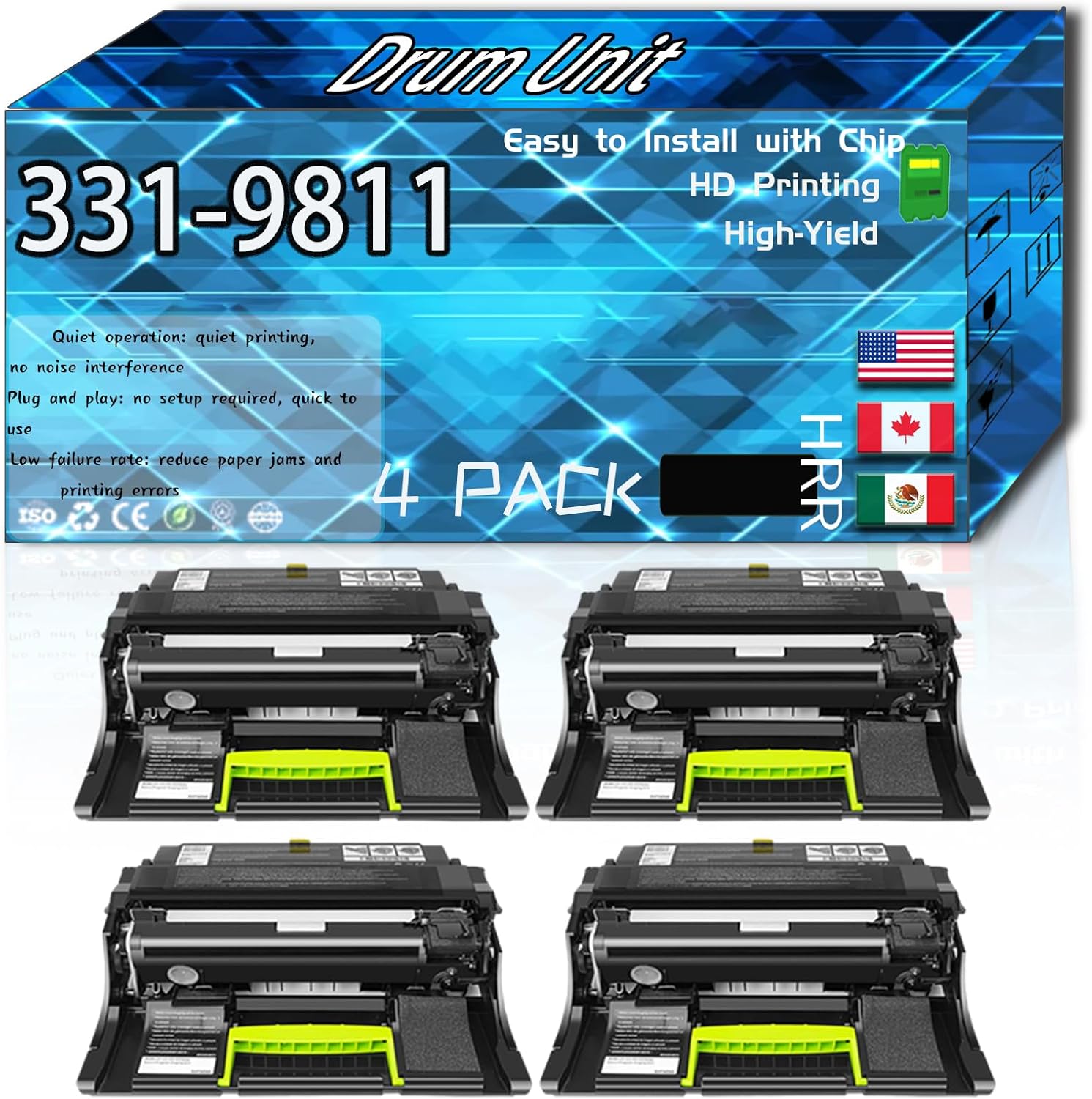Compatible for Dell 331-9811 Replacement Drum Unit Used with B2360d B2360dn B3460dn B3460dnf B3465dnf S2830dn Printers, High Production Multiple Options (4 Pack Black)