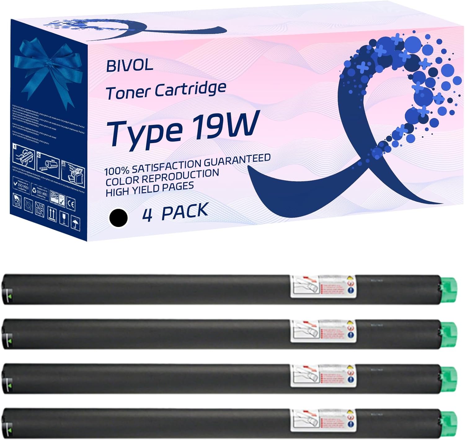 BIVOL Type 19W Toner Cartridge Compatible for Ricoh Imagio Wide 6020 7040 imagio MP W2400 W2400SP W2401 Printers, with Chip, High Yield 36000 Pages, Vivid Colors (4 Pack Black)