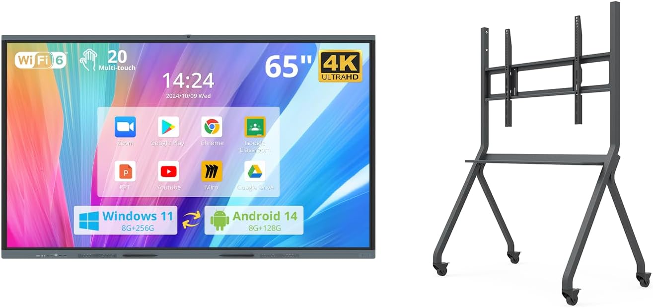 HUSHIDA 65″ Smart Board, 4K UHD Interactive Whiteboard Built in Dual System and 13MP Camera, All in One Digital Whiteboard for Home, Classroom and Business (with Protable Stand)