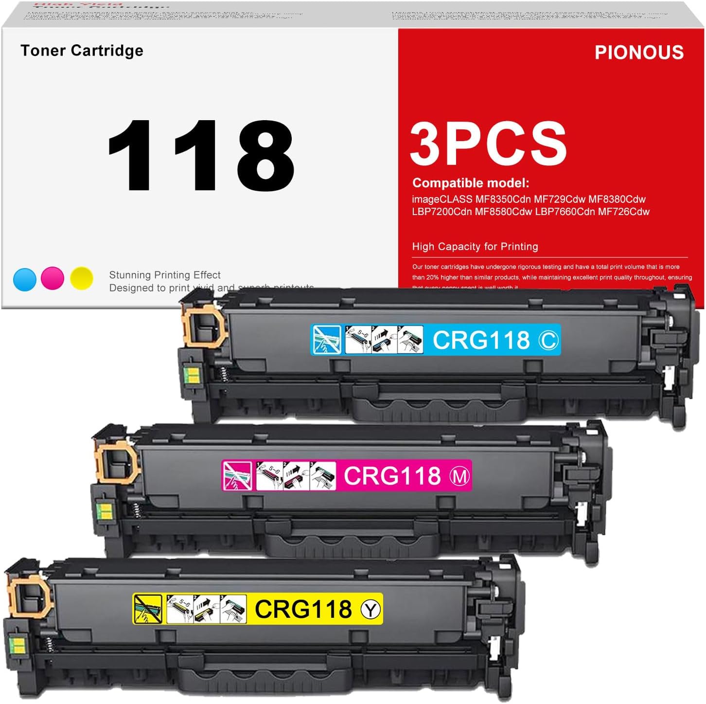 CRG118 High-Yield Toner Cartridges (3-Color Pack) - Cyan, Magenta, Yellow Replacement for Canon 118/CRG118, Compatible with imageCLASS MF8350Cdn/MF8380Cdw Color Printers