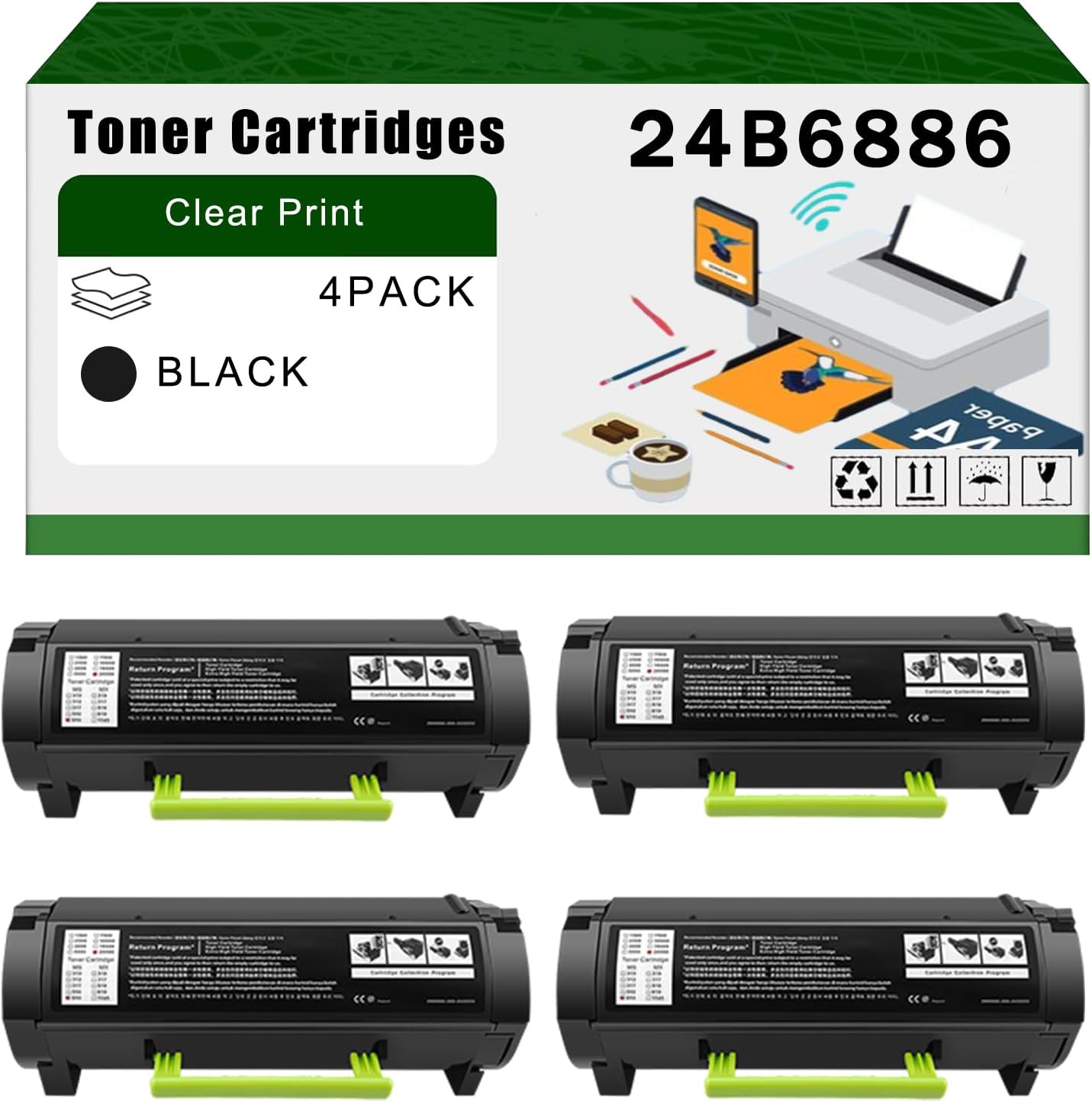 Compatible for Lexmark 24B6886 Toner Cartridges M1246 XM1246 Printers, High Yield 31000 Pages Bright Clear Colors (4 Pack Black)