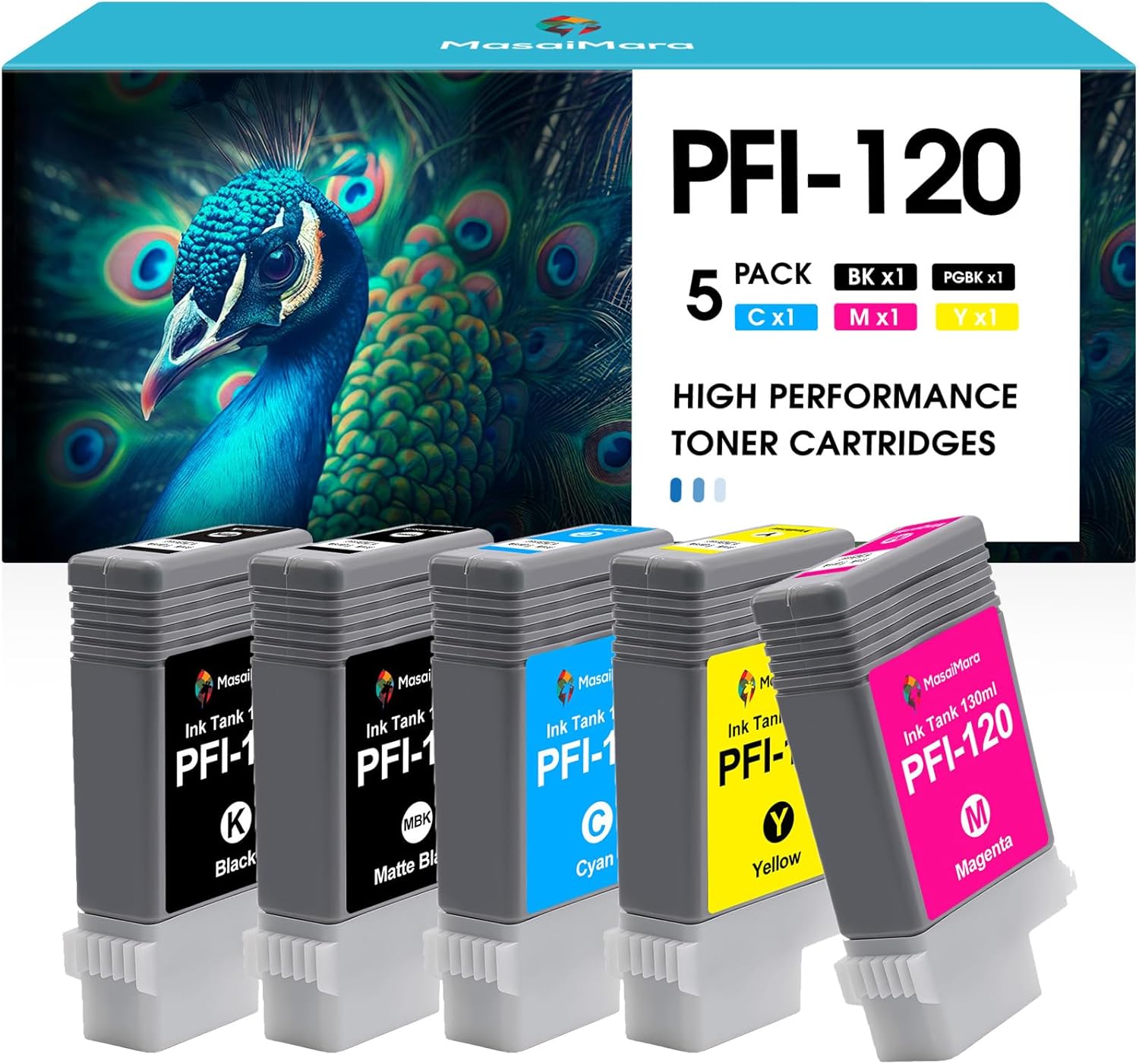 MasaiMara PFI-120 PFI120 High Capacity Compatible Ink Cartridges Pigment Tank Bundle for Canon TM-200, TM-205, TM-300, TM-305 Printer (Matte Black, Black, Cyan, Magenta, Yellow, 5-Pack)