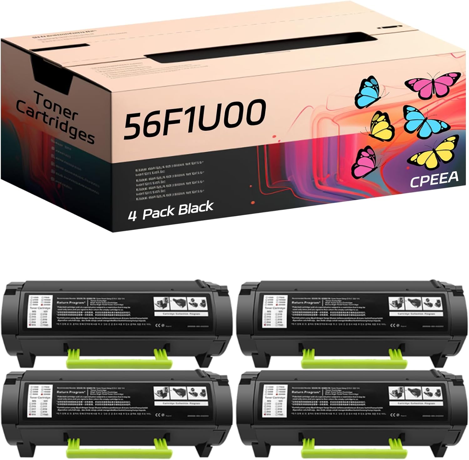 Compatible for Lexmark 56F1U00 Toner Cartridges Work for Lexmark MS521dn MS621dn MS622de Printers, with Chip, High Yield 26000 Pages, Clear Printing (4 Pack Black)