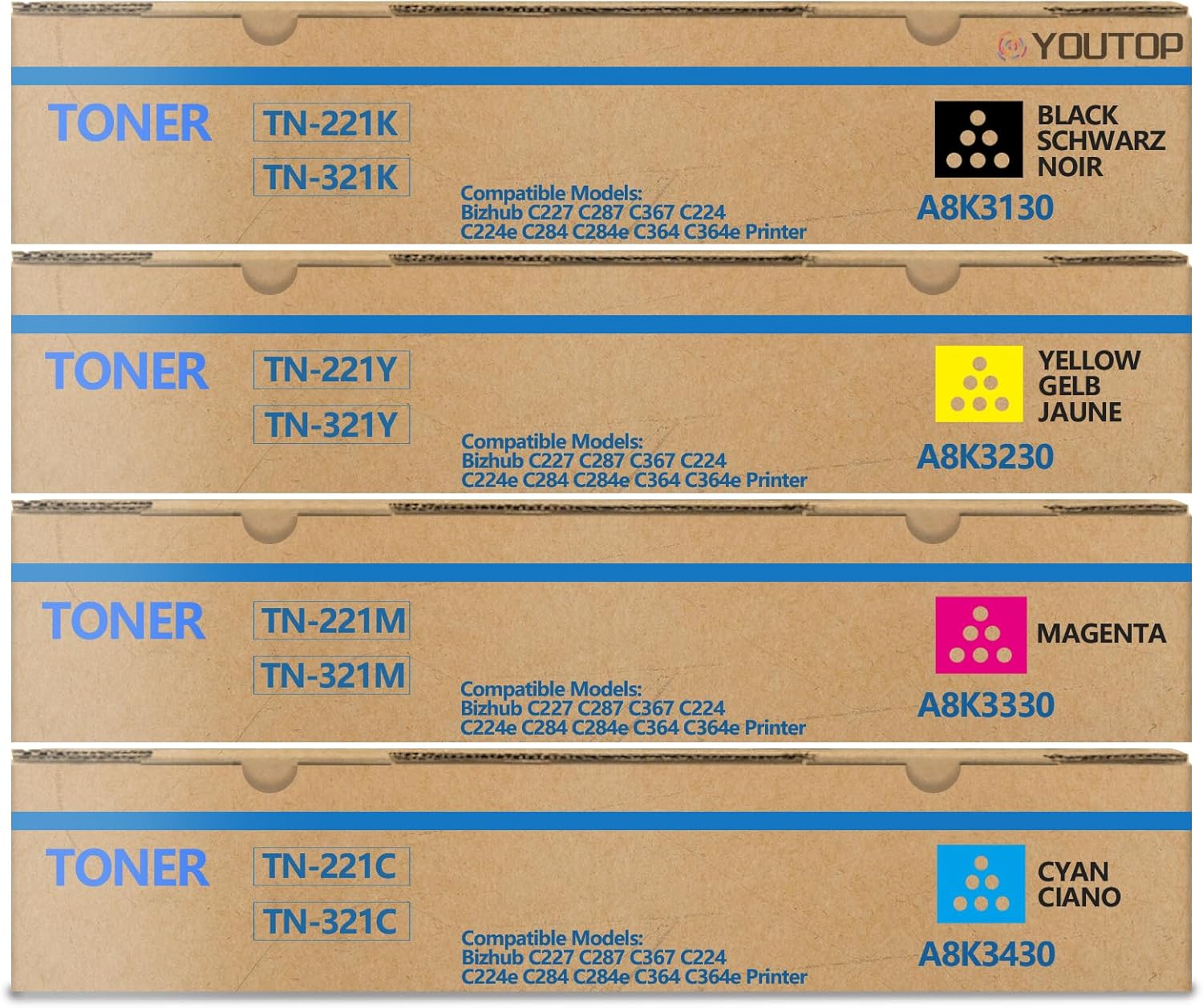 YOUTOP 4PK TN-221 TN221 Toner Cartridge Compatible for Konica Minolta bizhub C227 C287 C367 C224 C224e C284 C284e C364 C364e Printer(A8K3130 A8K3230 A8K3330 A8K3430)