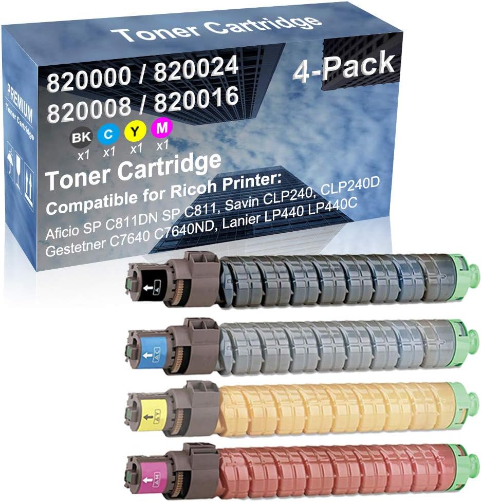 4-Pack (BK+C+Y+M) Compatible High Capacity 820000 820024 820008 820016 Toner Cartridge Used for Ricoh SP C811DN SP C811, Savin CLP240, CLP240D Printer