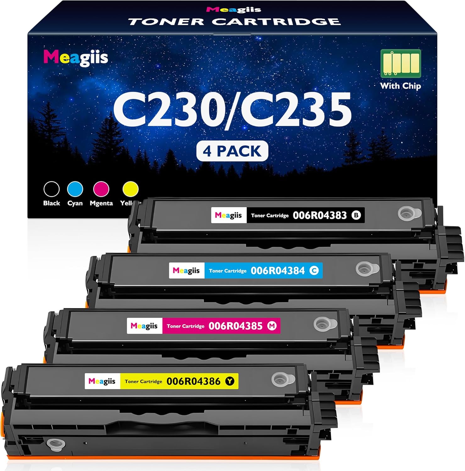 Meagiis C235 C230 Toner Cartridge (with Chip) High Yield Replacement for Xerox 006R04383 006R04384 006R04385 006R04386 Toner Compatible with Xerox C235 C230 C235DNI C230DNI Color Printer (4-Pack)