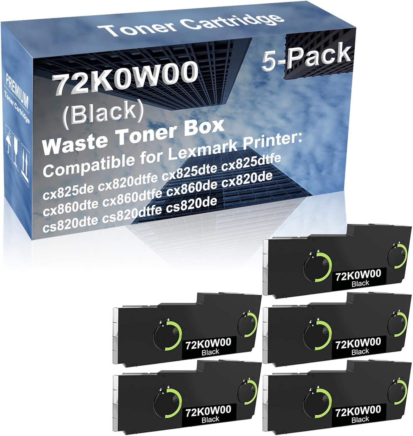 5-Pack Compatible High Capacity 72K0W00 Waste Toner Container Box use for cx825de cx820dtfe cx825dte cx825dtfe Printer (Black)