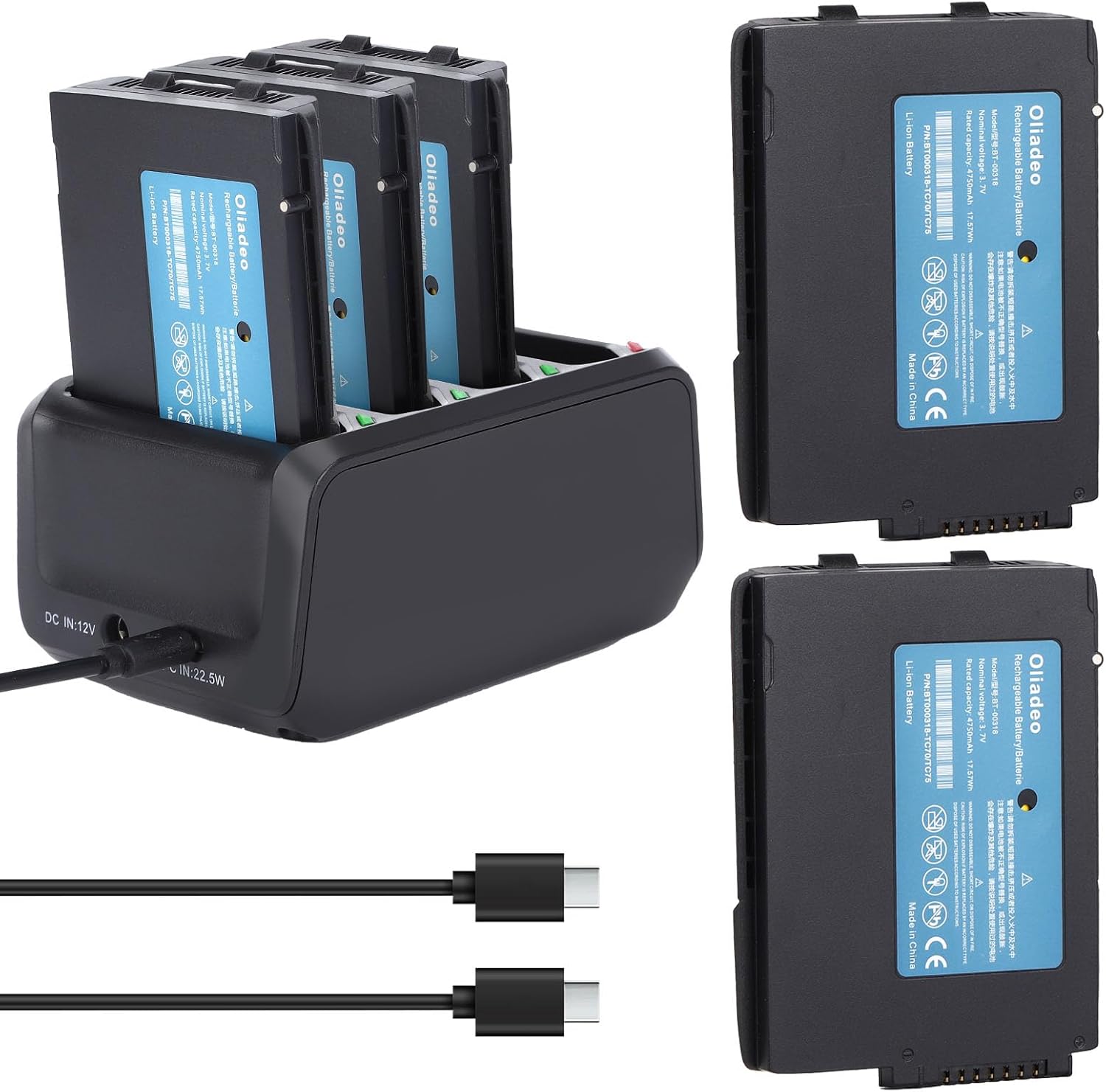 4-Slot TC77 Battery Charging Cradle: with 5-Pack TC70 TC75 Batteries Replacement TC7X for Zebra Symbol BT-000318 TC77 TC70 TC70X TC72 TC75 TC55 Barcode Scanner SAC-TC7X-4BTYC1 Charger Station
