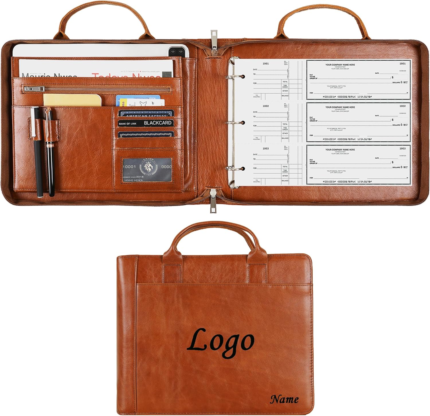 Personalized Oil Brown 3 Ring Check Book Binder - Business Checkbook Holder, Engraved, Zippered, Fits 3 & 9 Holes, 3 on a Page