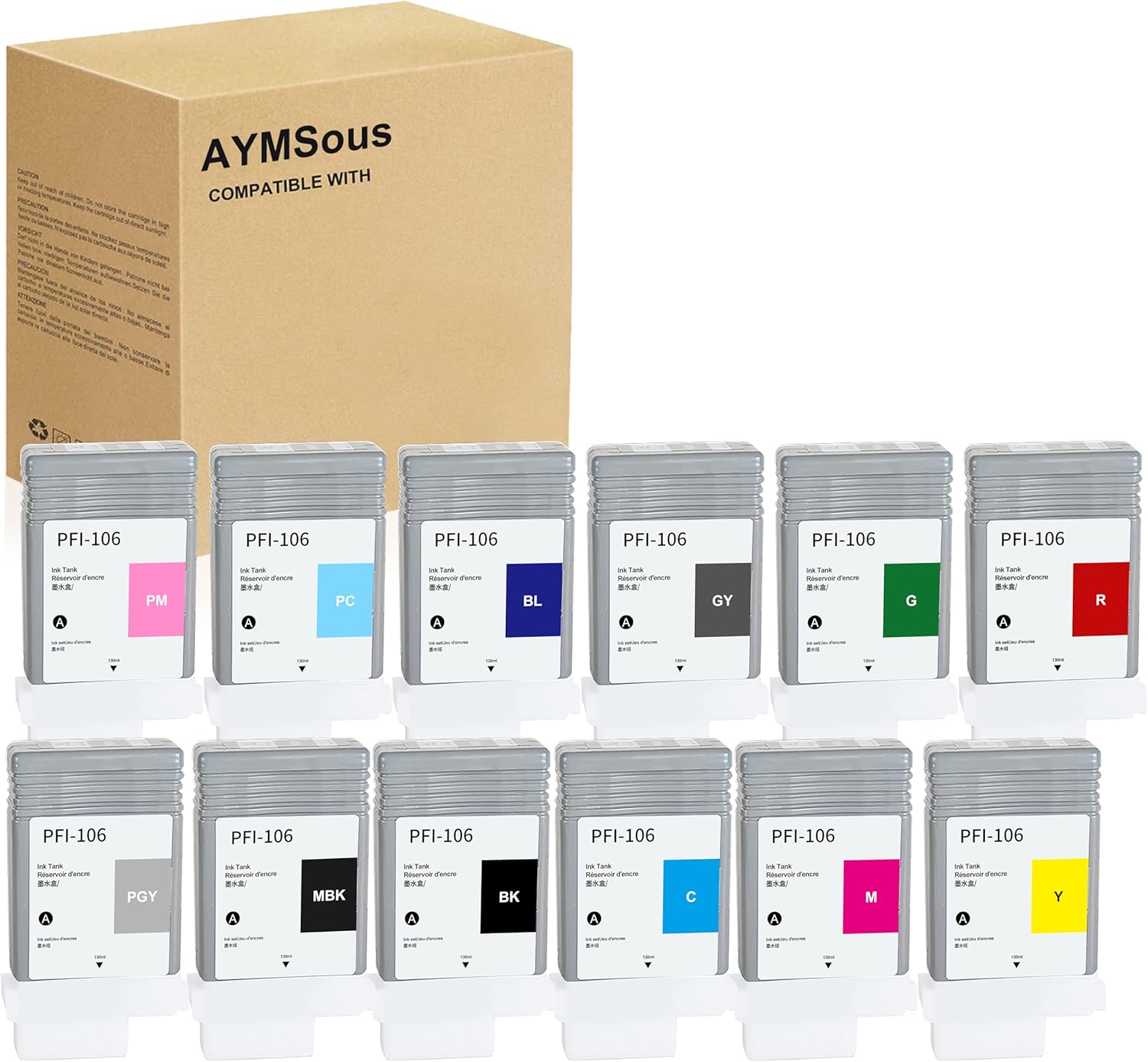 AYMSous Compatible PFI-106 Ink Cartridge Replacement for Canon PFI-106 for Canon imagePROGRAF iPF6300 iPF6300S iPF6350 iPF6400 iPF6400S iPF6400SE iPF6450 (12-Pack MBK/BK/C/M/Y/R/G/GY/B/PC/PM/PGY)