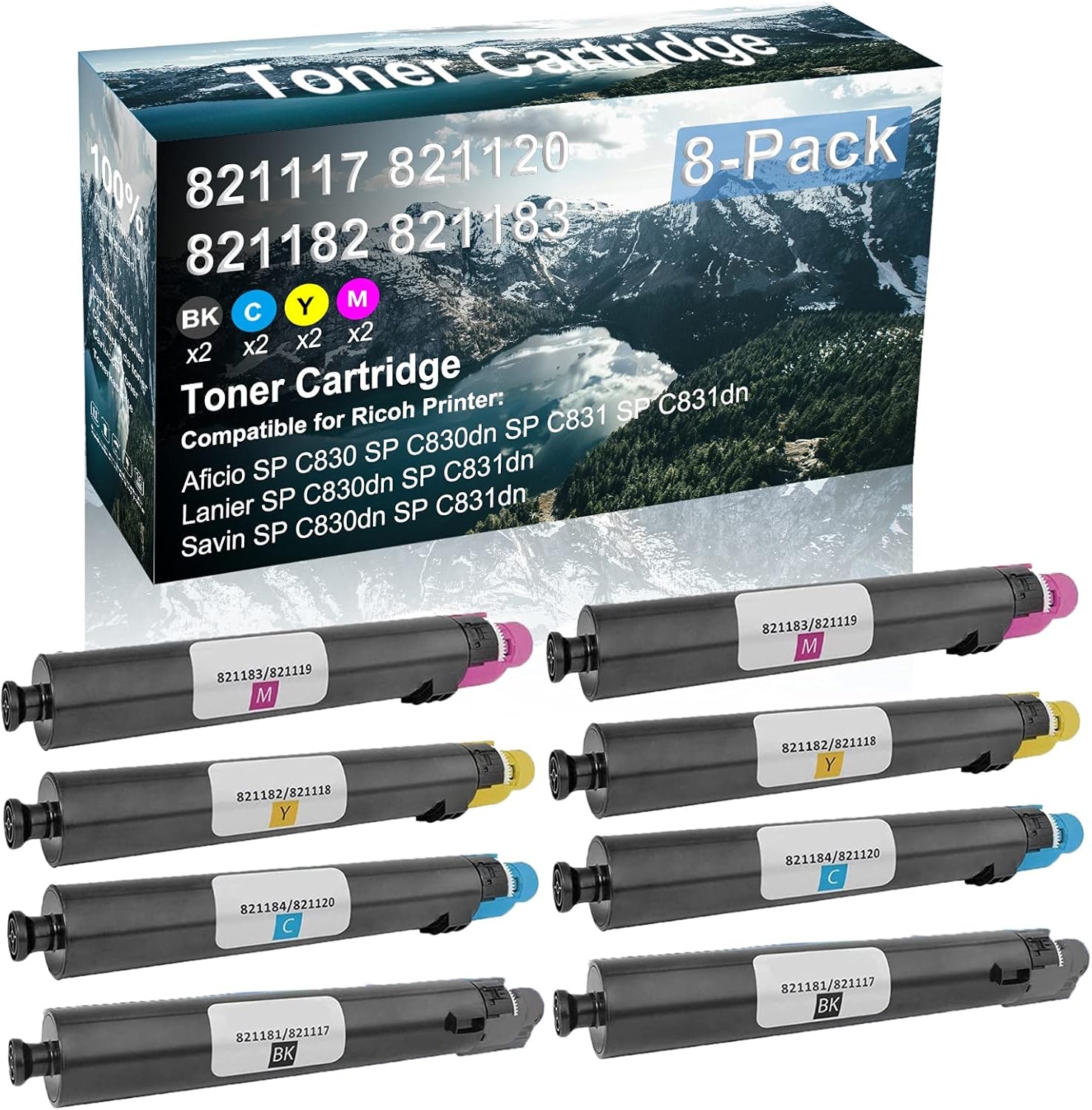 8 Pack (BK+C+Y+M) Compatible 821117 821181 | 821120 821184 | 821118 821182 | 821119 821183 Laser Printer Cartridge High Yield Use for Ricoh Aficio SP C830 SP C830dn SP C831 SP C831dn Printer