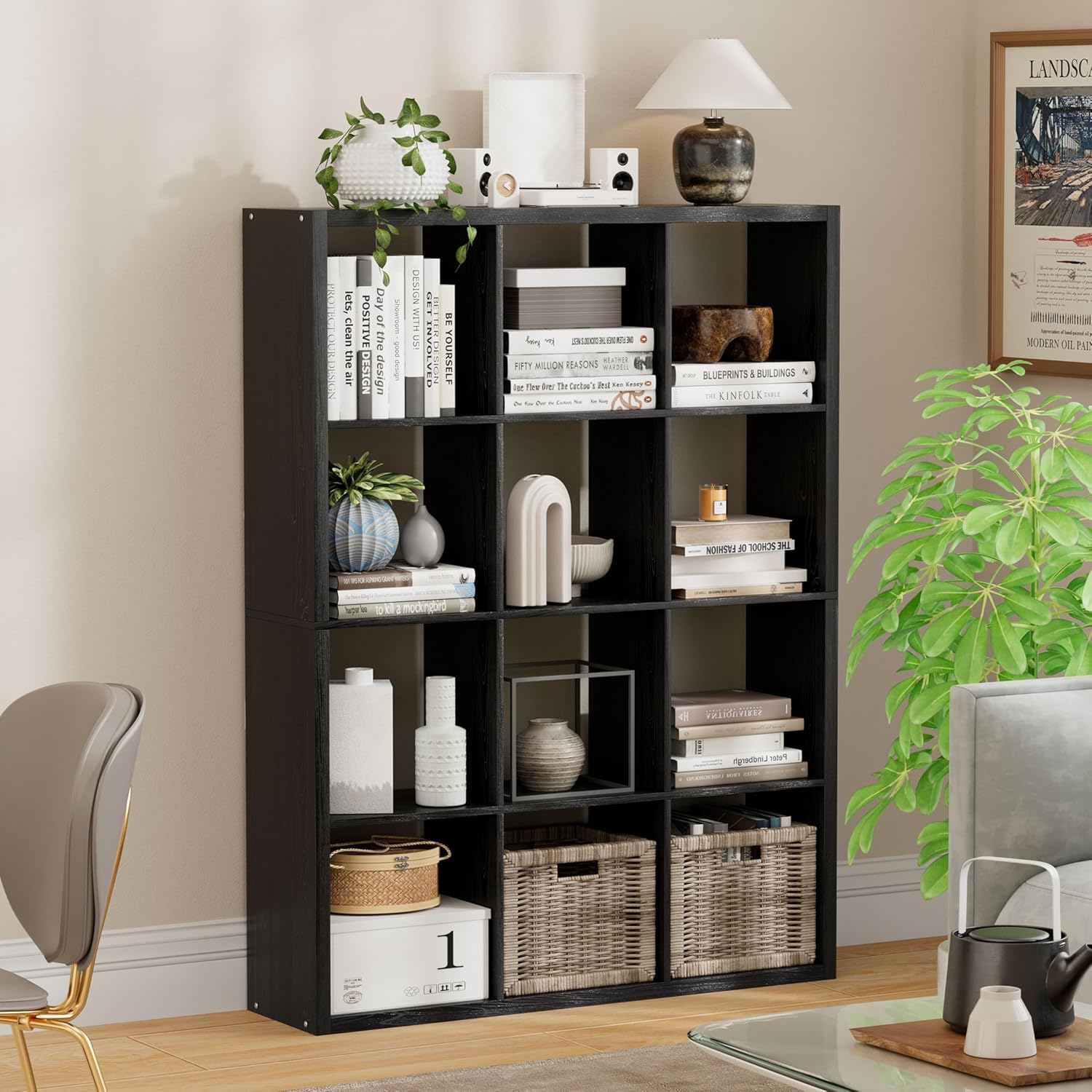 Jpiziso 12-Cube Storage Organizer, Wooden Cube Shelf Bookcase with Reinforced Thick Shelves, Heavy-Duty 36.93