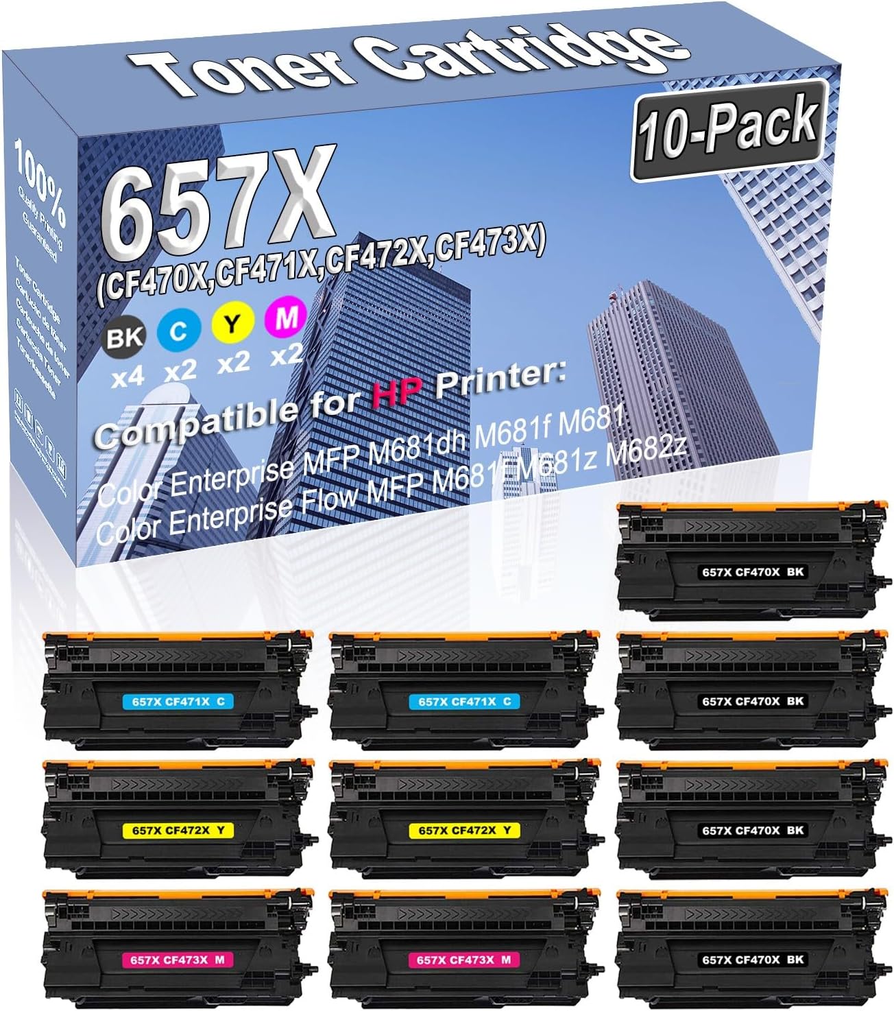 10-Pack (4BK/2C/2Y/2M) Compatible High Capacity 657X (CF470X CF471X CF472X CF473X) Toner Cartridge Used for HP Color Enterprise MFP M681dh M681f M681 Printer