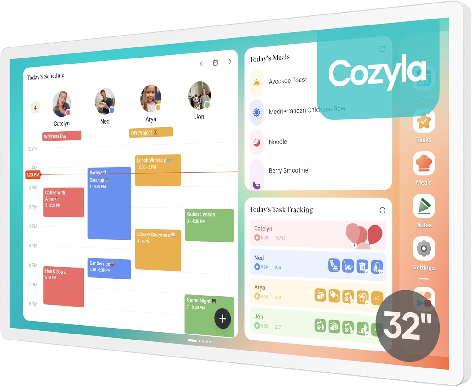 Cozyla Digital Calendar+ 2: 32 inch Wall Planner Touch Screen Chore Chart Customize Dashboard Smart Electronic Calendar for Family Schedules Meal Planner Support Any Google Play App Wall Mount White