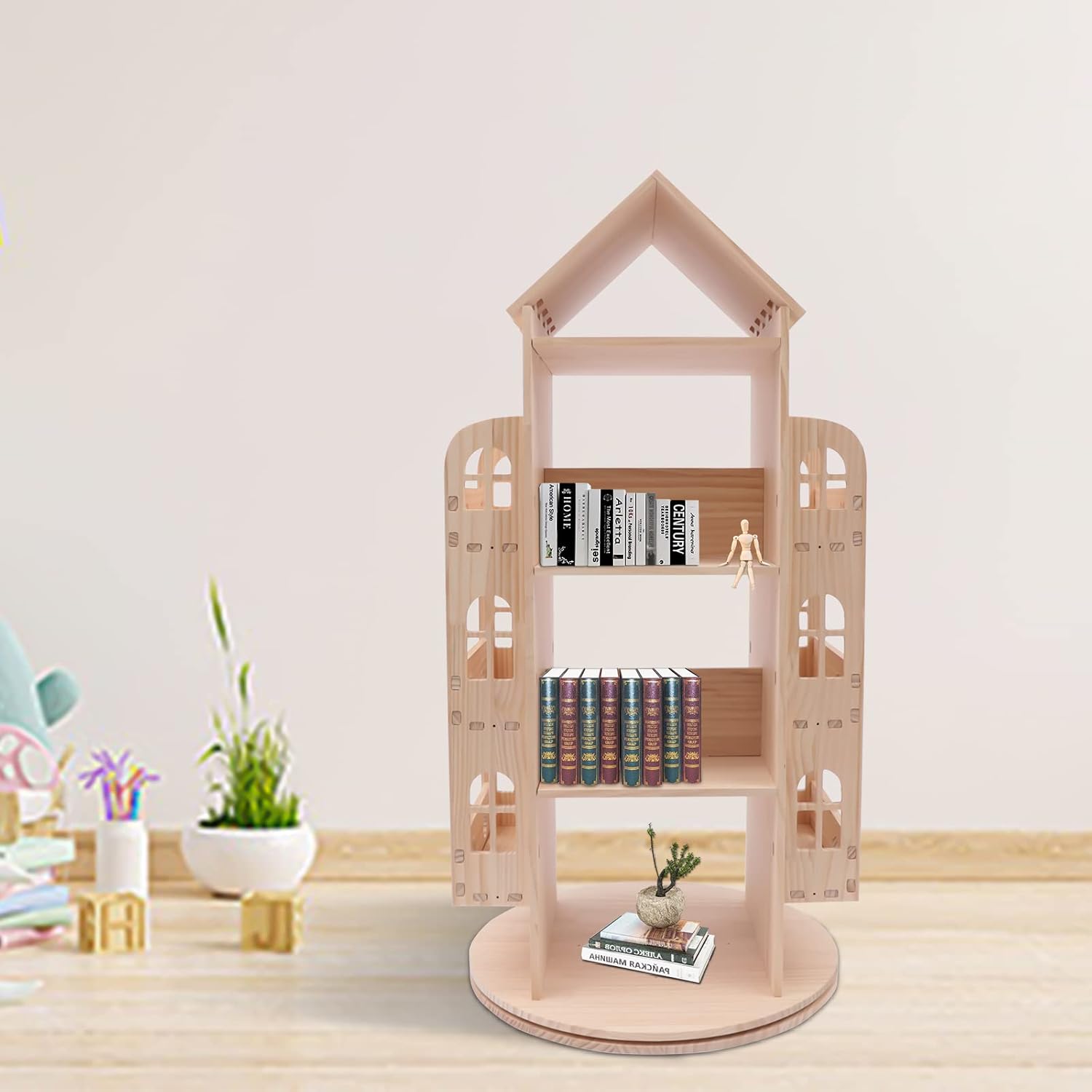 GrfceVue Rotating Bookshelf 360 Display Floor Standing Bookcase Storage Rack, 4 Tier Floor Standing Bookcase Storage Rack Wood Book Shelf Organizer Stand for Kids Bedroom Living Room Study Room