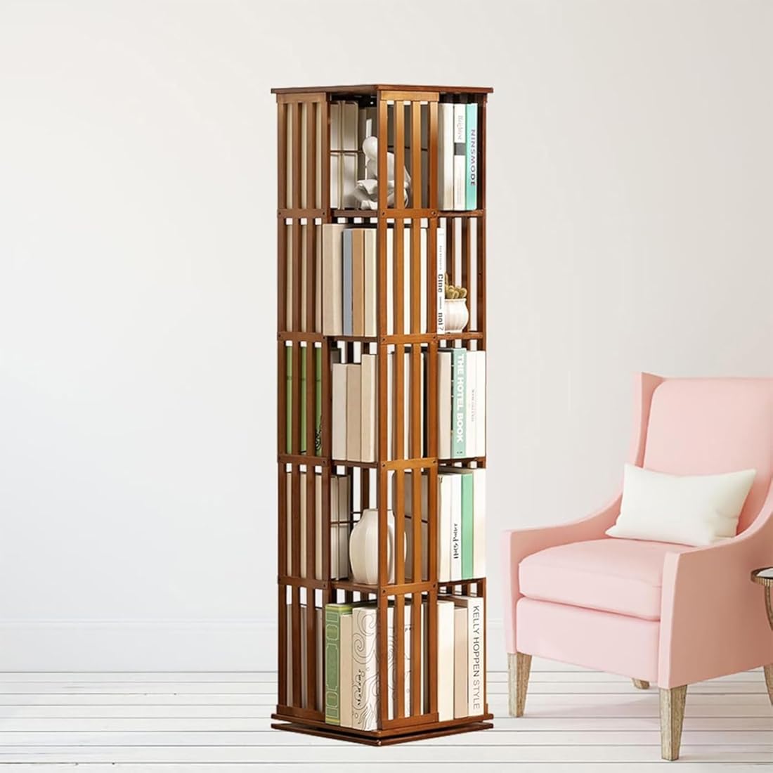 JJENXYYDS 360 Display Spinning Bookshelf,Rotating Bookshelf Tower,Narrow Space Saving Tall Floor Standing Swivel Bookcase Corner Storage Organizer for Kids&Adults,Brown-5