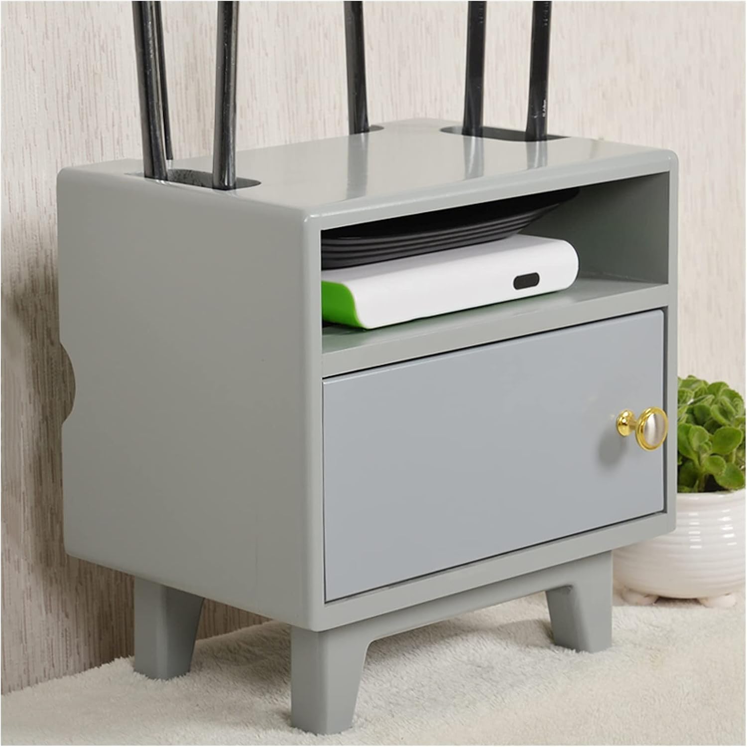 Cable Management Box Wooden Router Storage Boxes Organizer with High Feet Cable Power Plug Storage Box Magnetic Door Stop and Stainless Steel Hinge Cable Cords Organizer Boxes (E Six pole style)