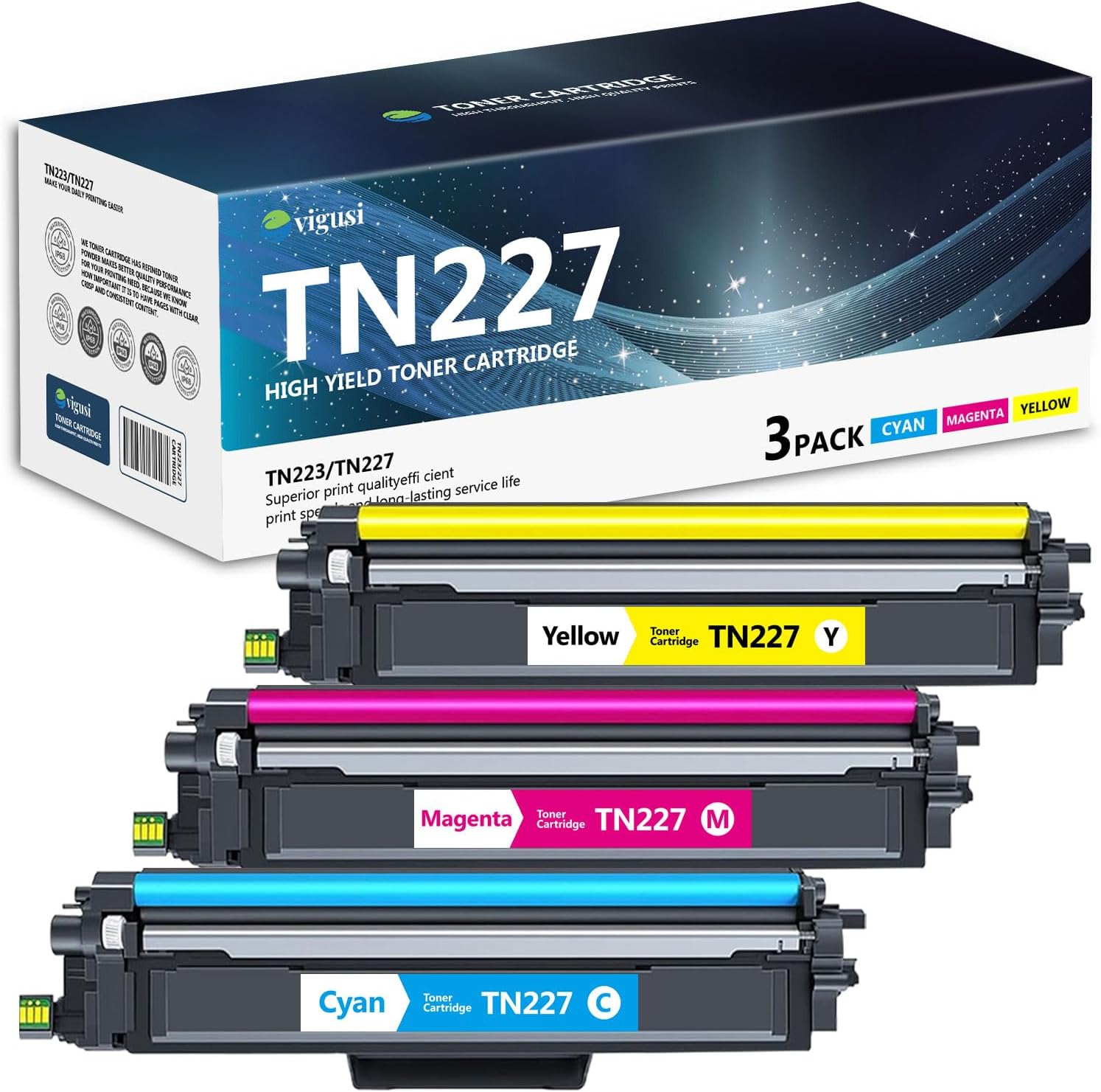 TN227C TN227M TN227Y Color High Yield Toner Cartridge Compatible TN223 TN-227 TN227CMY Replacement for Brother TN227 Toner HL-L3210CW, HL-L3230CDW, MFC-L3750CDW Printer (3-Pack, Cyan/Magenta/Yellow)