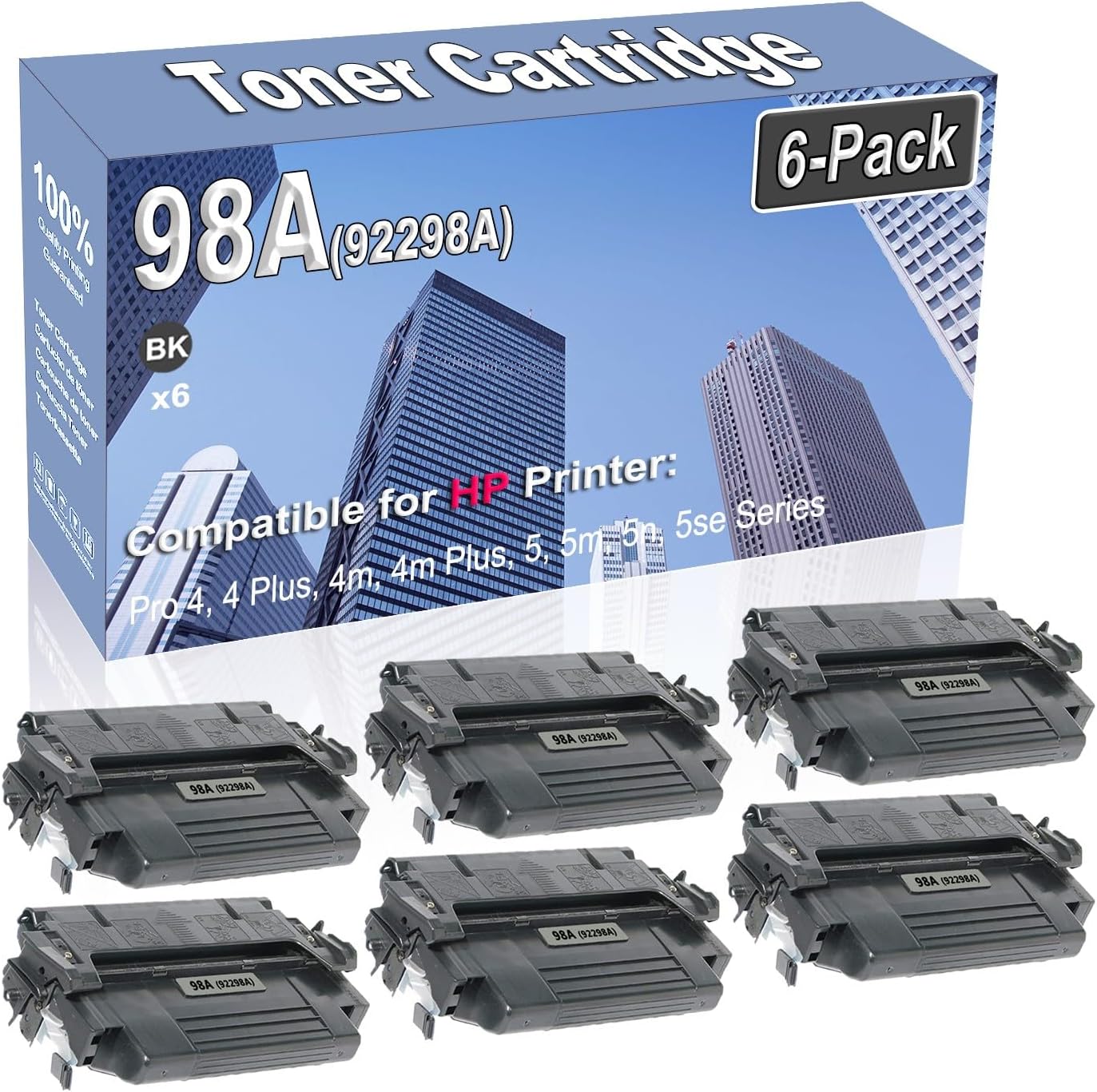 6-Pack Compatible High Capacity 98A (92298A) Printer Cartridge use for HP Pro 4 4 Plus 4m 4m Plus 5 5m 5n 5se Toner Cartridge (Black)