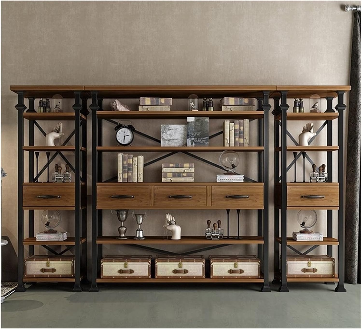 KIRANDY Retro Solid Wood Shelf, Living Room with Drawer Bookshelf, Simple and Modern Multi-Layer Partition Bookcase (Color : L130cm 2pc L50cm Side Racks)