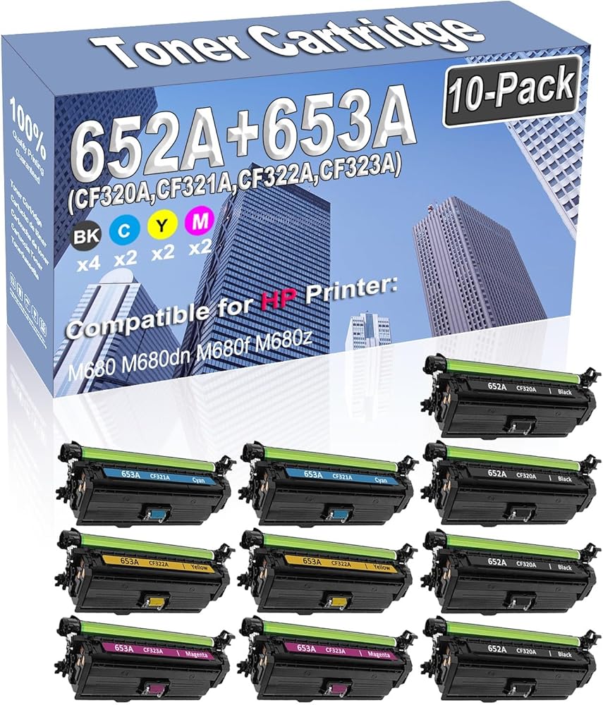 10-Pack (4BK/2C/2Y/2M) Compatible High Capacity 652A 653A (CF320A CF321A CF322A CF323A) Color Toner Cartridge use for HP M680 M680dn M680f M680z Printer