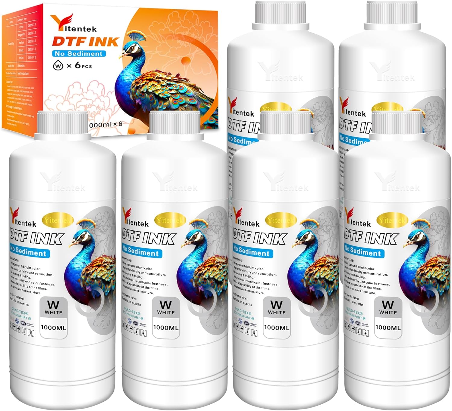 Yitentek No Sediment DTF White Ink 6000ML DTF Transfer Ink for PET Film Pigment Ink Refill for P600 P800 DX5 XP600 4720 i3200 i1600 5113. High Fluidity, Whiteness & Coverage 1000ml x 6, White