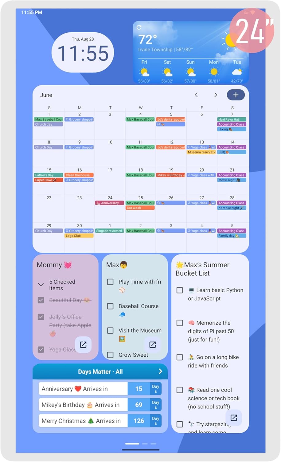 Viewzio 24 Inch Digital Planner Wall Planner Touch Screen Chore Chart Syncs All Android Tablet Apps To Do List Notepad Electronic Smart Calendar Digital for Family Meal Planner Support Via App Store Wall Mount White