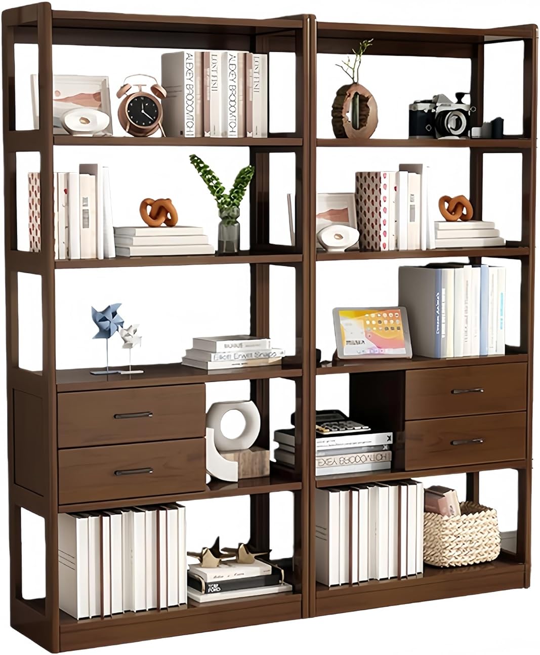 Fukory Solid Wood Bookshelf with Movable Drawer, 73” Tall Mid-Century Modern Bookcase, Etagere Storage Rack, Modular Display Shelving Unit for Home Office, Living Room(Brown,T8*2)