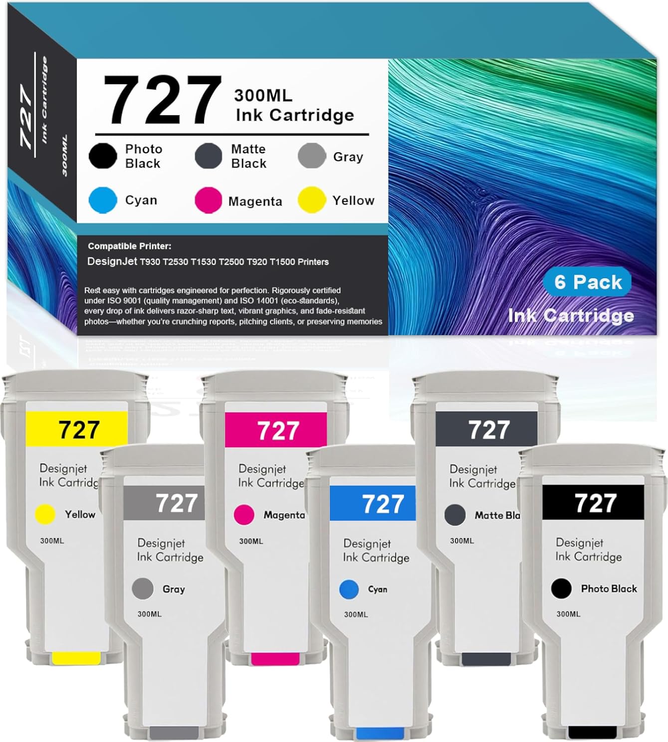 VASTSUN 727 Ink Cartridge Compatible for HP 727 Ink Cartridge F9J79A C1Q12A F9J76A F9J77A F9J78A F9J80A for HP DesignJet T920 T930 T1500 T1530 T2500 T2530 6Pack*300ML(Matte Black/Photo Black/GY/C/Y/M)