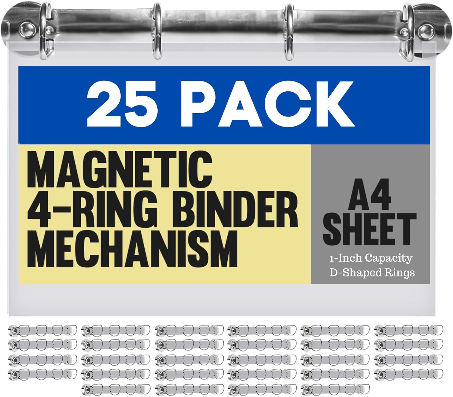 25 Pack Magnetic D-Ring Binder Mechanism, 4-Ring 1-Inch Capacity, D-Shaped Rings for A4 Size Sheets, Paper Documents, Files - Hanging Storage Solution