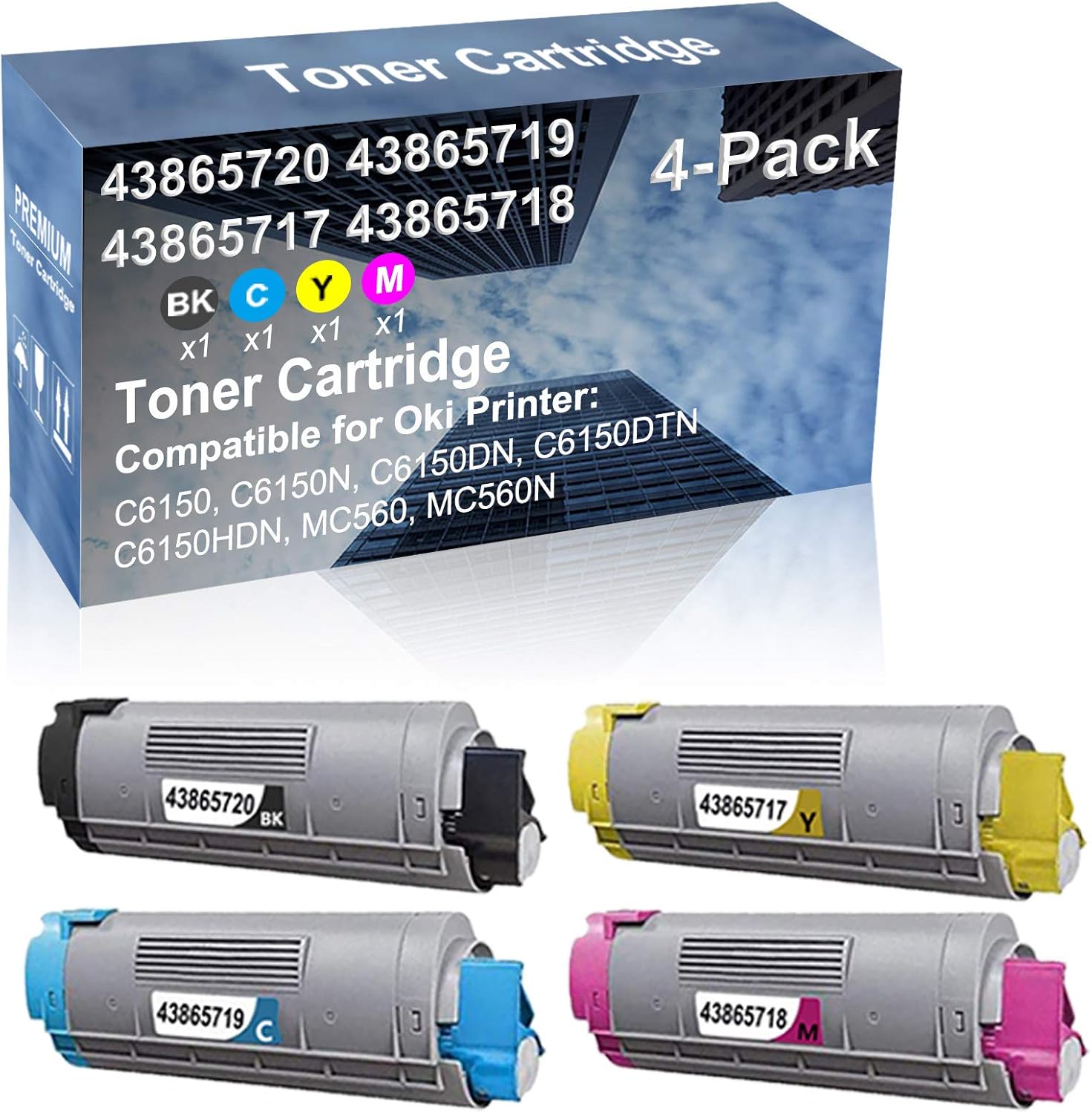 4-Pack (BK+C+Y+M) Compatible High Capacity 43865720+ 43865719+ 43865717+ 43865718 Toner Cartridge Used for C6150 C6150N C6150DN Printer