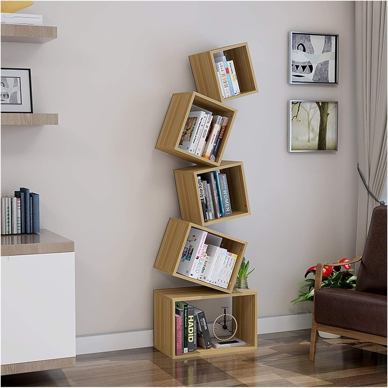 BINGQIAN Standing Bookcase 5-Tier Geometric Bookshelf Creativity Stacked Square Book Shelf Bookcase Home Office Storage Shelves Display Shelf Modern Organizer Desktop Book Stand(B)