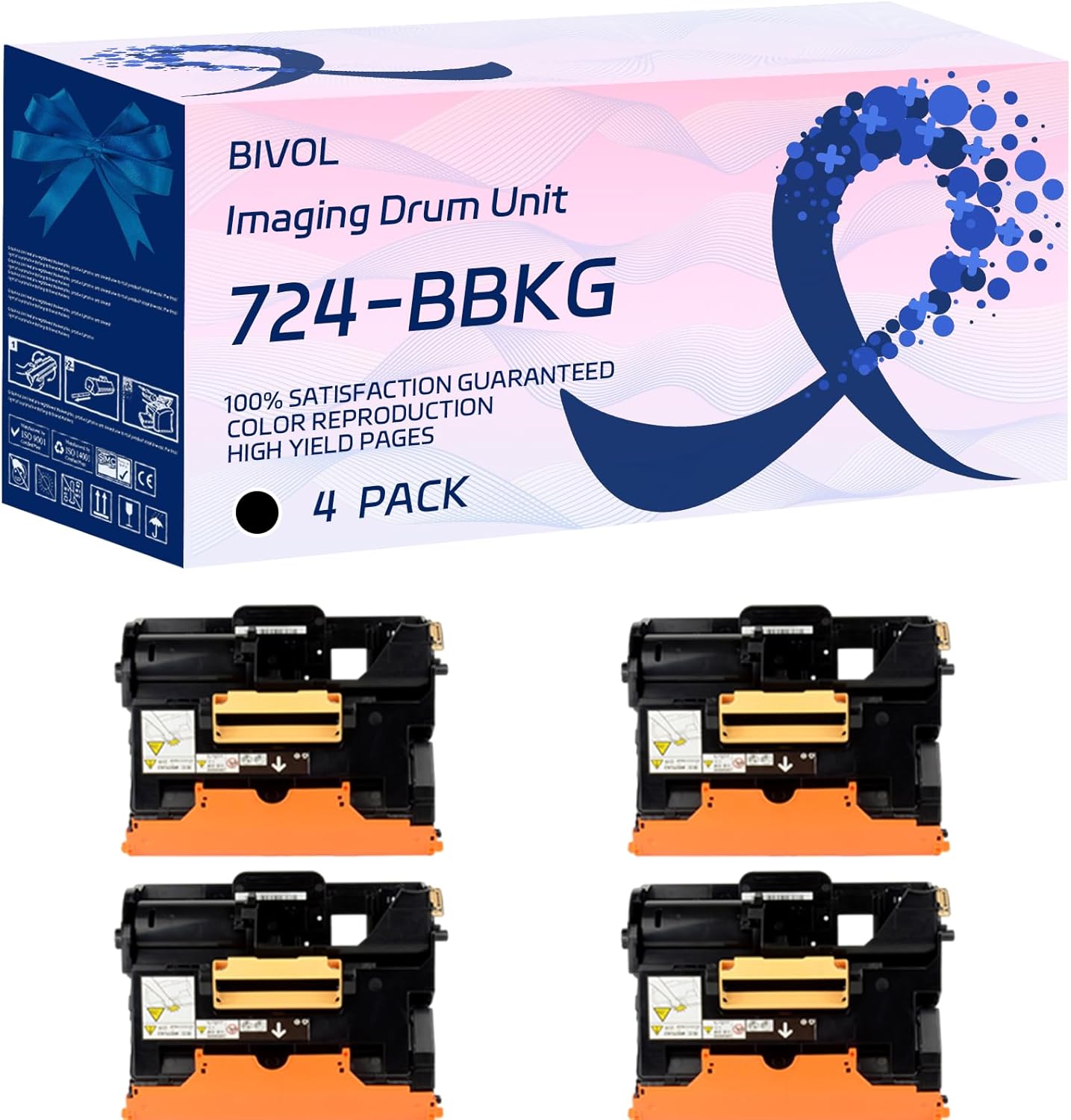 BIVOL 724-BBKG Imaging Drum Unit Compatible for Dell S2815dn H815dw S2810dn Printers, with Chip, High Yield 9500 Pages, Vivid Colors (4 Pack Black)