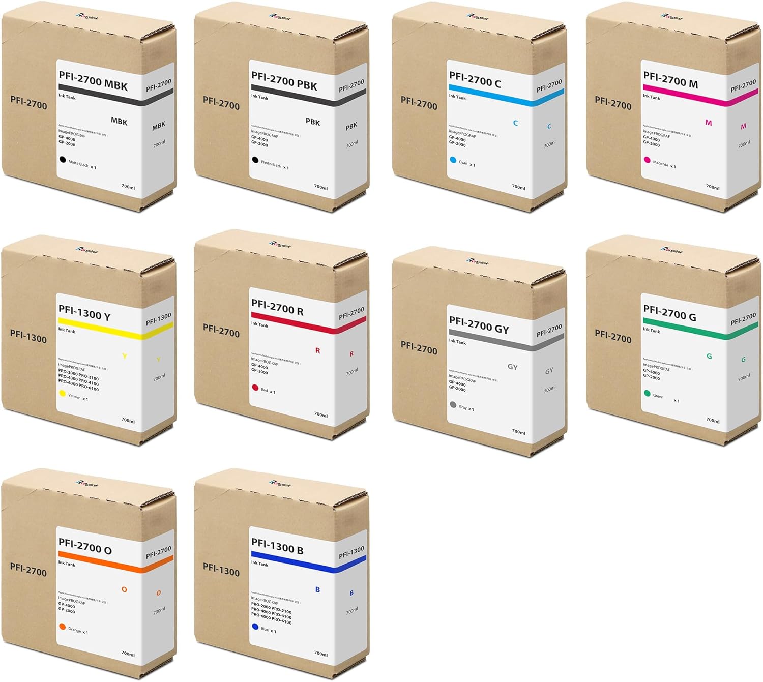 PFI-2700 Ink Tank (with Chip) 700ML Replacement for Canon PFI2700 Ink Cartridge for imagePROGRAF GP-4000 GP-2000 GP-4600S GP-6600S PRO-2600 4600 6600 Printer (10-Pack, MBK/PBK/C/M/Y/R/GY/G/O/V)