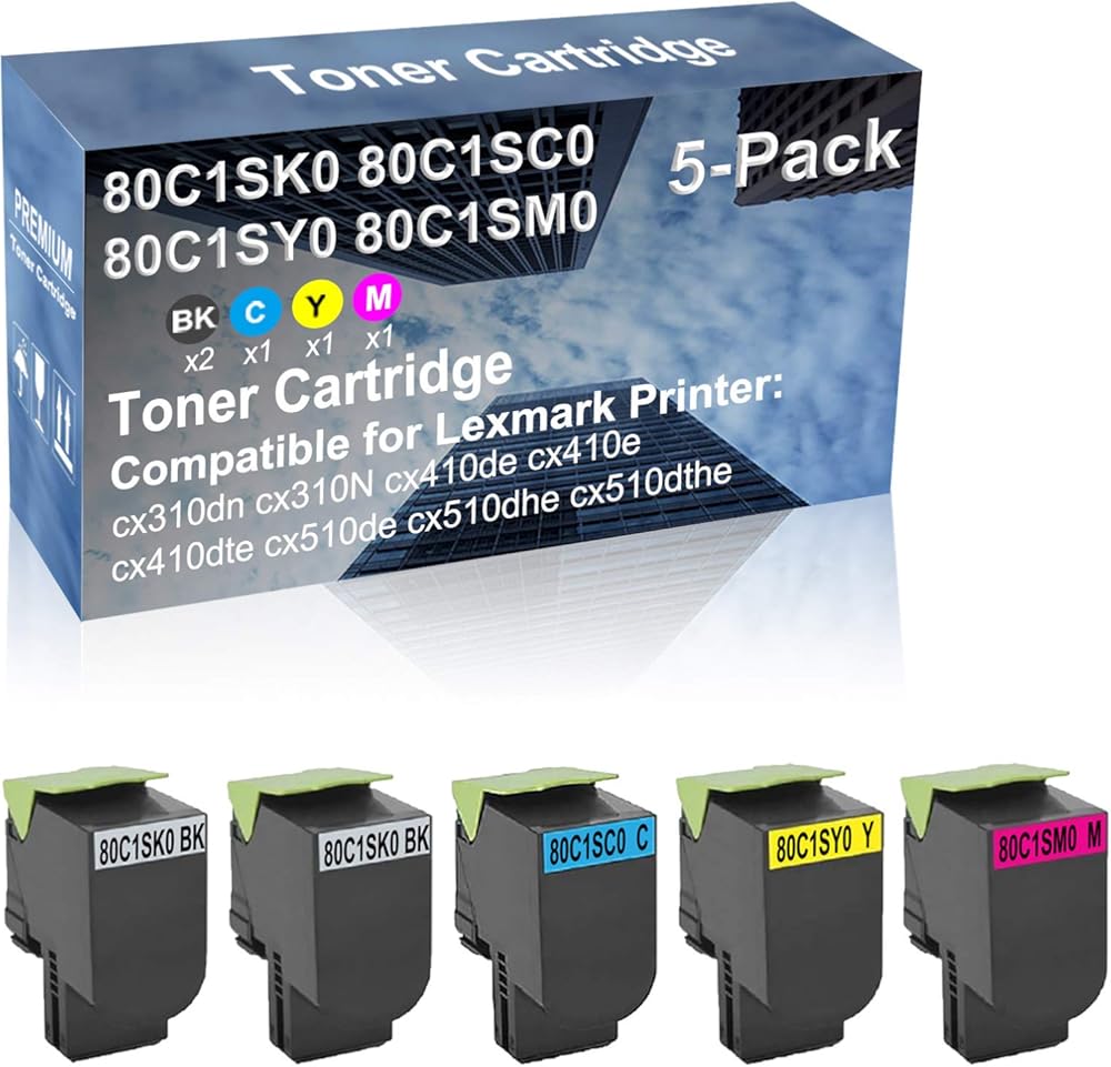 5-Pack (2BK+C+Y+M) Compatible x410e cx410dte cx510de Printer Toner Cartridge High Capacity Replacement for 80C1SK0+ 80C1SC0+ 80C1SY0+ 80C1SM0 Toner Cartridge