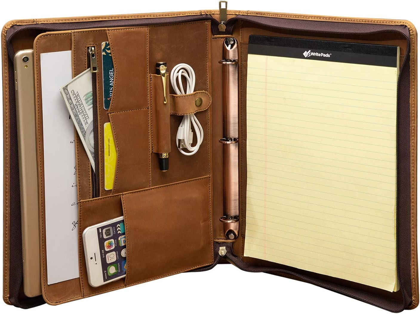 YIWEN Handmade Crazy-Horse Leather 3 Ring Binder Portfolio Padfolio Folder with Zipper for Men and Women, Business Organizer for Letter A4 Size for Meeting and Travel (Custom Engraved, Brown)