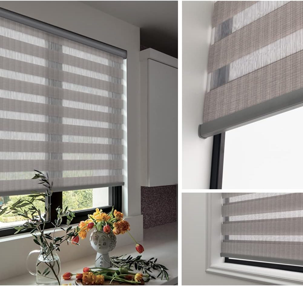 ZSHINE Motorized Zebra Blinds Compatible with Alexa Width (23-95 inches) Dual Layer Shades Cordless Horizontal Window Blind Customize Size for Home Office(Grey White)