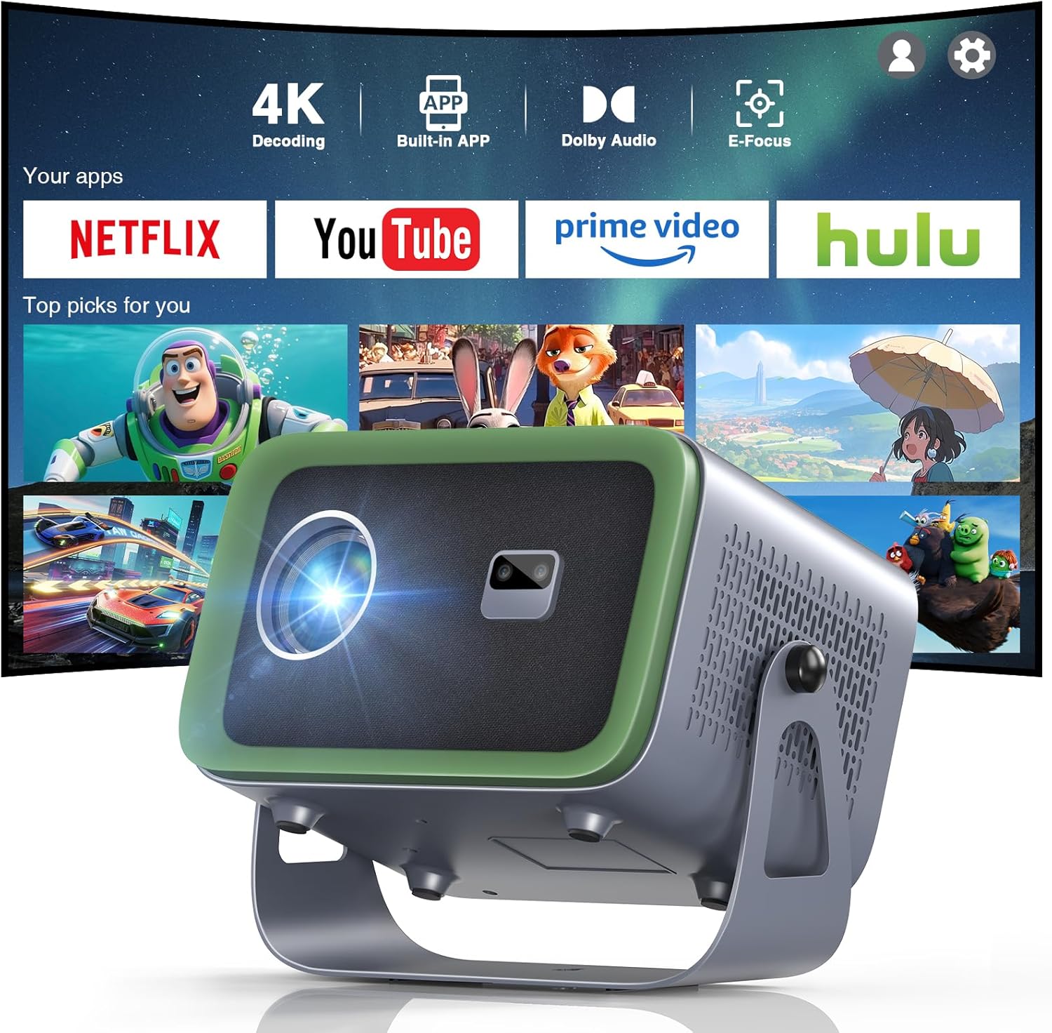 [Netflix Compatible & Dolby Audio] TMY Smart Projector with WiFi and Bluetooth, Real 4K Support Outdoor Movie Projector, Auto Keystone & 360° Rotatable Stand Portable projector for Indoor and Outdoor