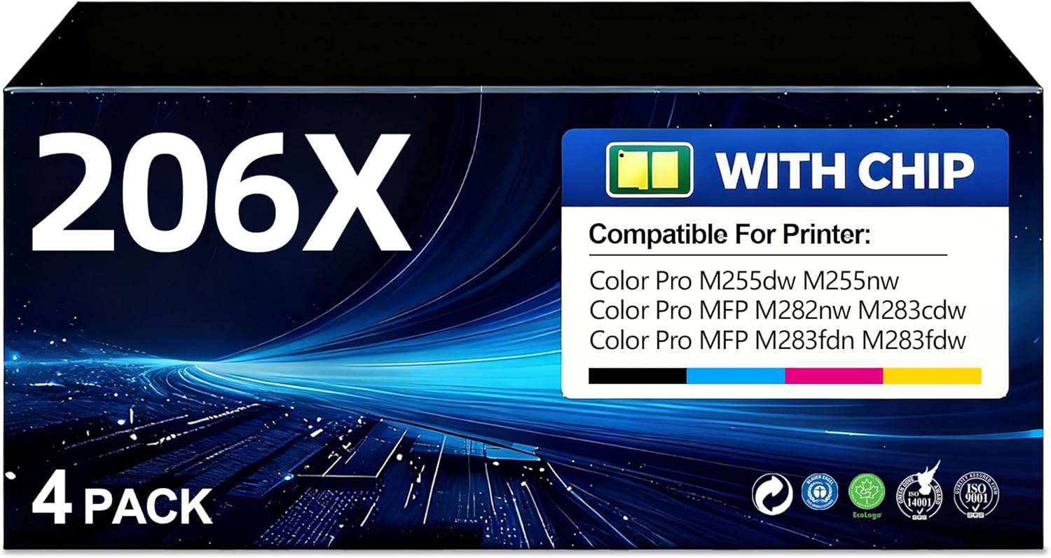 206X Toner Cartridges 4 Pack High Yield Pro MFP M283fdw M283cdw Compatible for HP 206X 206A HP206X Toner Cartridges Set for Color LaserJet Pro MFP M283cdw M283fdw M255dw M255nw with Chip