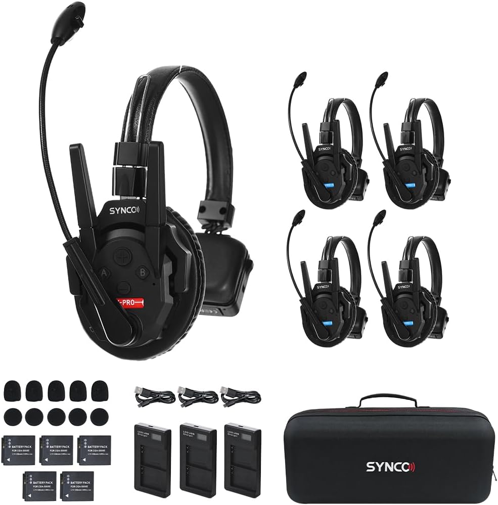 SYNCO XTALK XPro5 Wireless Intercom Headset System 2.4 GHz 500M/1640FT Full Duplex for 5 Person Communication with Noise Cancerllation for Live Show Stage Performance Movie Shoot