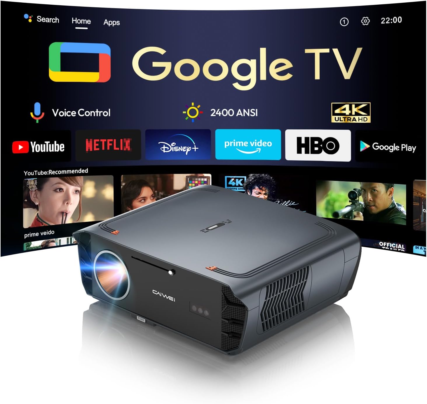 Smart 4K projector Google TV & Officially Apps, 2400ANSI Daytime Projector with HDR10+, ToF Autofocus Keystone, Dolby, HDMI ARC, NFC WiFi6 Bluetooth, Ultra HD Projector for Home/Outdoor Movie Gaming