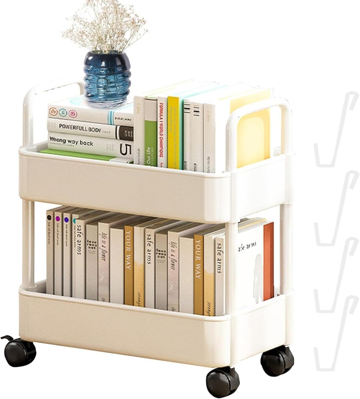 Bookcase 2-Layer Rolling Trolley Movable Bookshelves with Wheels Book Storage and Storage Bookcase Floor Standing Book Shelf