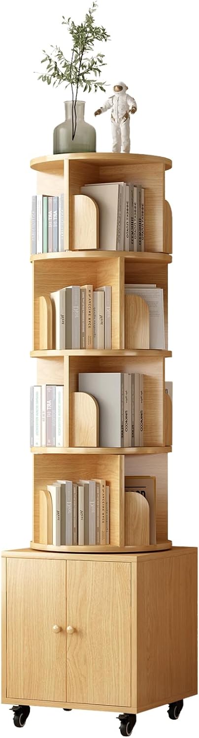 Rotating Bookshelf Tower, Spinning Bookcase with 5-Tier Large Capacity Storage, 360 Degree Display Corner Bookshelves And Bookcases for Small Space, Floor Standing Narrow Book Shelf Organizer,Natural-