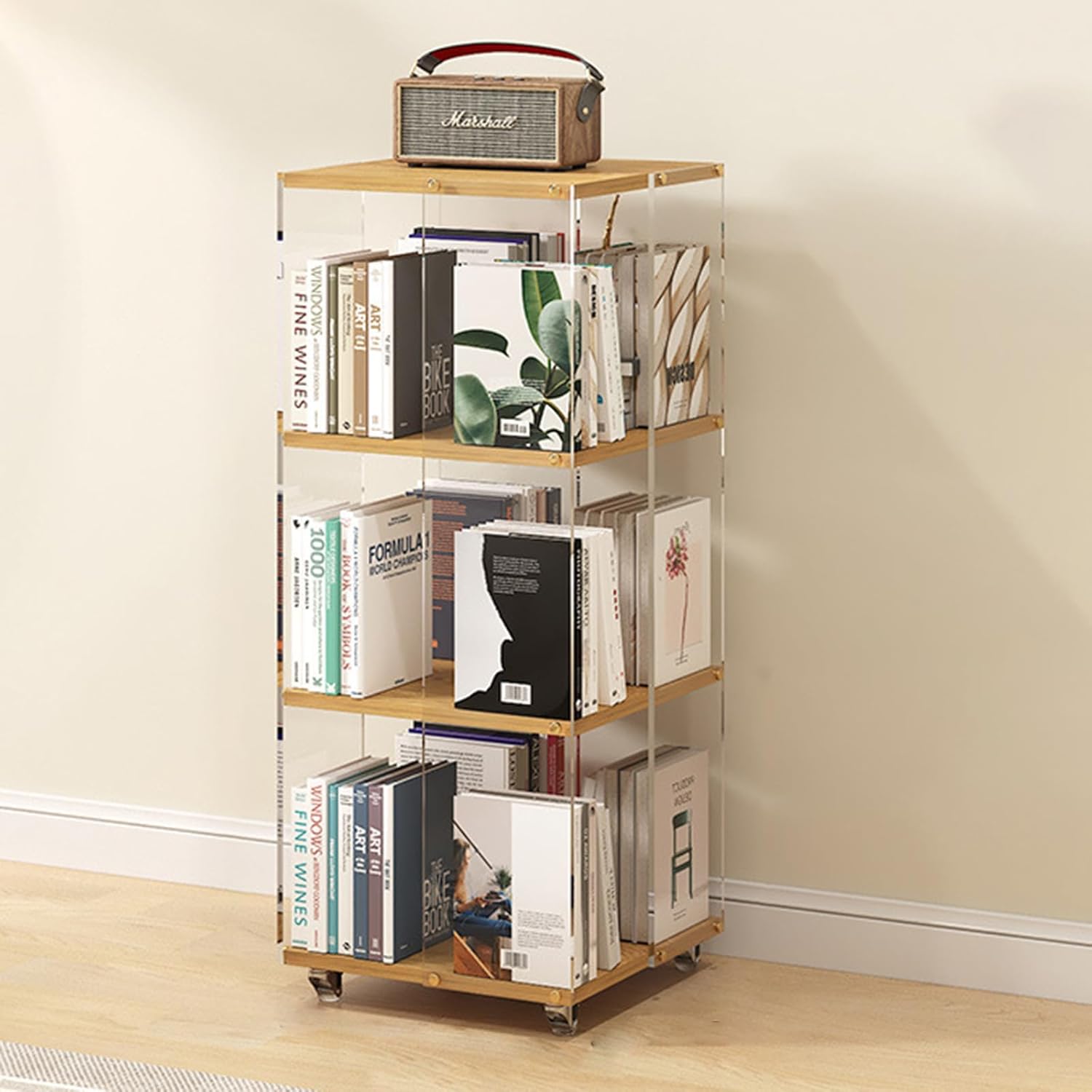 BYERZ Book Shelves, 360 Degree Rotating Bookshelf, Acrylic Bookcase, Floor-to-Ceiling Living Room and Bedroom Storage and Storage Shelf, Book Organizer, Small Bookshelf for Small Spaces