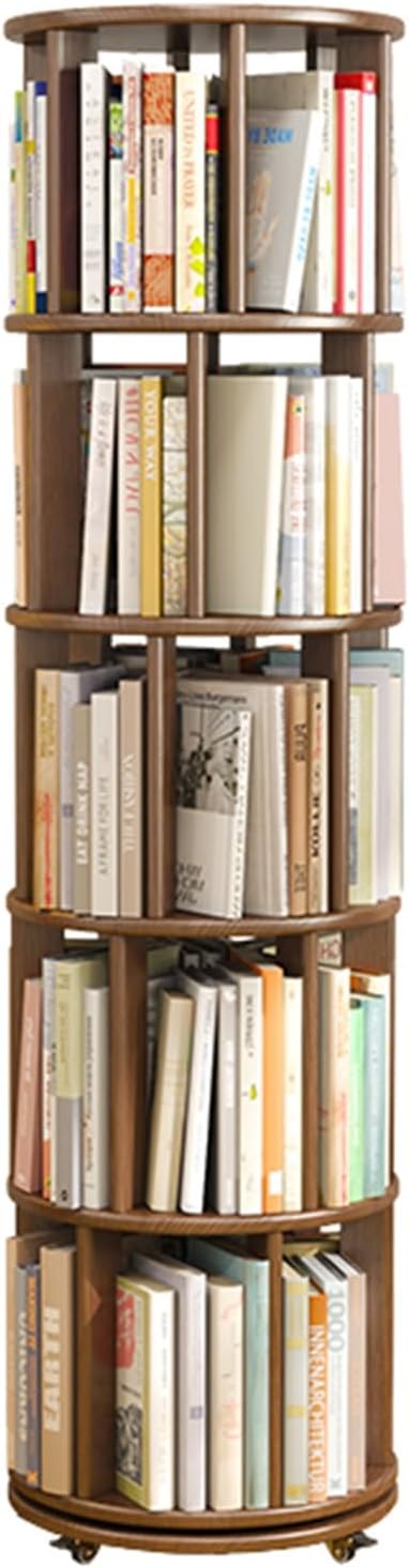 YVYKFZD 360° Rotating Bookshelf, Rolling Bookcase Tower, Solid Wood Display Storage Rack with Brake Wheels, Round Corner Book Shelf Organizer, for Bedroom, Living Room, Study Room(Walnut,5 Tier 17.3
