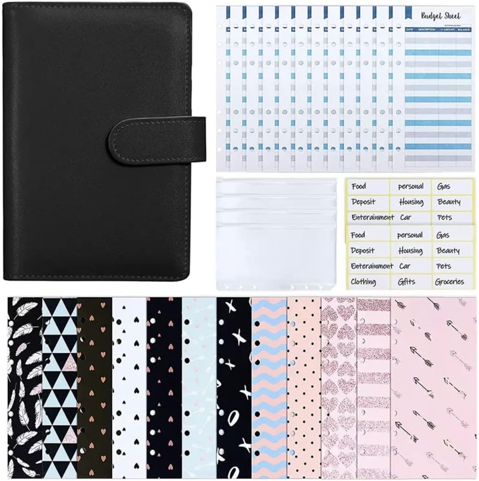 PSJVUR 31 Pieces A6 Binder Budget Cash Envelope Planner Organizer with 12 Money Envelopes,Expense Sheets,4 Pockets
